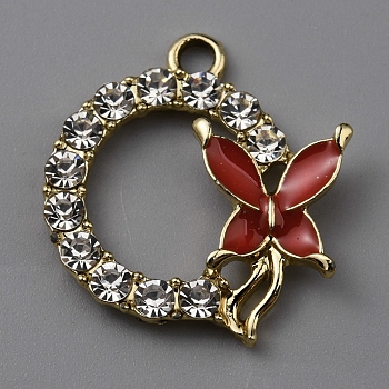 Alloy Enamel Pendants, with Rhinestone, Flat Round with Butterfly Charm, Light Gold, Red, 22x20x3mm, Hole: 2mm