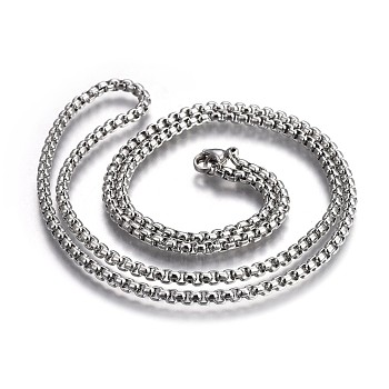 304 Stainless Steel Box Chain Necklaces, with Lobster Claw Clasps, Stainless Steel Color, 23.6 inch(60cm), 3.0mm