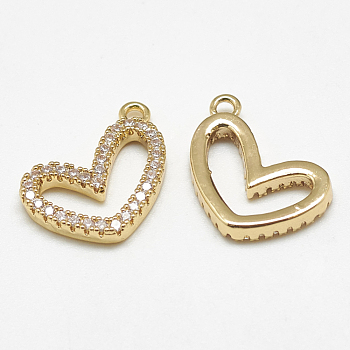Brass Charms, with Cubic Zirconia, Heart, Clear, Real 18K Gold Plated, 13x14x2mm, Hole: 1.5mm