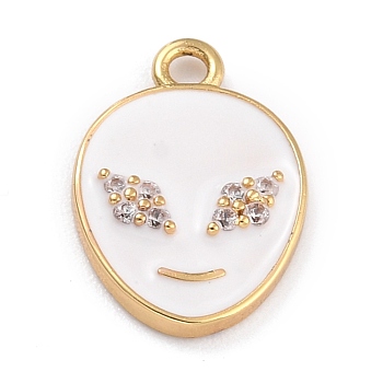 Golden Plated Brass Micro Pave Clear Cubic Zirconia Pendants, with Enamel, Long-Lasting Plated, Extra-terrestrial, White, 17x11.5x2mm, Hole: 1.6mm