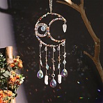 Iron & Brass & Crystal Glass Sun Catcher Pendants, with Mixed Stone Rainbow Maker, DIY Garden & Home Decoration, Moon Charms, Colorful, 430x140mm(HJEW-K049-03)