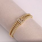 Brass Micro Pave Clear Cubic Zirconia Beads Double Strands Stretch Bracelets for Women, Letter & Round, Golden, Letter B, 6.69 inch(17cm)(FS-WGC7159-02)