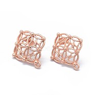 Alloy Stud Earring Findings, with Loop, Brass Pins and Ear Nuts/Earring Backs, Long-Lasting Plated, Rhombus, Matte Rose Gold, 21.5x19mm, Hole: 1.4mm, Pin: 0.7mm(PALLOY-F255-08MRG)