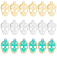 18Pcs 3 Style Ion Plating(IP) 201 Stainless Steel Pendants, Manual Polishing, Sugar Skull, For Mexico Holiday Day of the Dead, Mixed Color, 17~18x10.5x1~1.5mm, Hole: 1.2~1.6mm, 6pcs/style(STAS-DC0004-71)