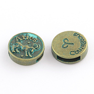 Antique Bronze & Green Patina Plated Flat Round Zinc Alloy Slide Charms, with Constellation/Zodiac Sign, Cadmium Free & Nickel Free & Lead Free, Aries, 17~18x5mm, Hole: 11x3mm, about 282pcs/1000g(PALLOY-Q307-12-NR)
