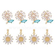 8Pcs 2 Style Brass Micro Pave Clear Cubic Zirconia Pendants, with Glass, Flower, Real 18K Gold Plated, 19~19.5x17~18x3.5~7.5mm, Hole: 3x5~6mm, 4Pcs/style(KK-DC0003-41)
