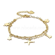 304 Stainless Steel Double Chains Multi-strand Bracelets, Heartbeat & Tree & Leaf 201 Stainless Steel Charm Bracelet for Women, Golden, 7-1/8 inch(18cm)(BJEW-C019-03G)