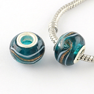 Rondelle Handmade Gold Sand Lampwork European Large Hole Beads, with Silver Color Plated Brass Cores, Teal, 14x9~10mm, Hole: 5mm(LPDL-R007-07A)
