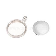 Dome Transparent Glass Cabochons and Brass Pendant Cabochon Settings for DIY, Nickel Free, Silver Color Plated, Tray: 10mm, 12x2mm, Hole: 3mm, 9.5~10x3.5mm(DIY-X0288-01S-NF)