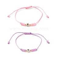2Pcs Flat Round with Heart Acrylic Braided Bead Bracelets Set with Glass Seed, Luminous Beaded Stackable Adjustable Bracelets for Women, Pink & Violet, Inner Diameter: 2~3-3/8 inch(5~8.7cm)(BJEW-JB08034-04)