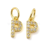 Brass Micro Pave Cubic Zirconia Pendants, with Jump Ring, Letter P, 8~9x4.5~9.5x1.5mm, Hole: 3.6mm(KK-M273-02G-P)