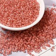 12/0 Transparent Glass Seed Beads, Inside Colours, Round Hole, Round, Salmon, 1.5~2mm, Hole: 1mm, about 450g/bag(SEED-F003-03C-05)