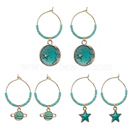 Planet/Star/Flat Round Alloy Enamel Wine Glass Charms, with Glass Beads, Turquoise, 55~41.5mm, 3 pairs/set(EJEW-JE05601)