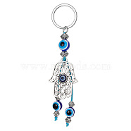 Alloy Hollow Hamsa Hand/Hand of Miriam Pendant Keychain, Turkish Evil Eye Bead Car Key or Bag Ornaments, Dark Blue, 13.5cm(WG21406-01)
