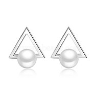 Brass Stud Earrings, with Shell Pearl Beads, Triangle with Round, Platinum, 19~20x15mm, Pin: 0.7mm(EJEW-BB42353-A)