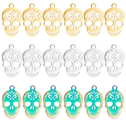 18Pcs 3 Style Ion Plating(IP) 201 Stainless Steel Pendants, Manual Polishing, Sugar Skull, For Mexico Holiday Day of the Dead, Mixed Color, 17~18x10.5x1~1.5mm, Hole: 1.2~1.6mm, 6pcs/style(STAS-DC0004-71)
