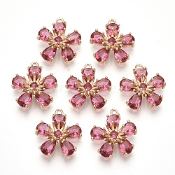 Transparent Glass Pendants, with Golden Tone Brass Findings, Faceted, Flower, Pearl Pink, 16x14.5x6mm, Hole: 1mm(X-GLAA-R212-06C)