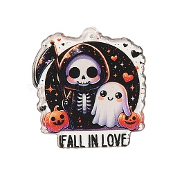 Halloween Theme Opaque Printed Acrylic Pendants, Skeleton, 35x31.5x1.8mm, Hole: 2.2mm(SACR-S034-05A)