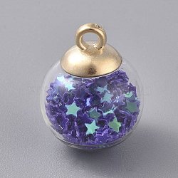 Glass Ball Pendants, with Star Glitter Sequins and Golden Plated CCB Plastic Cup Peg Bails, Round, Blue Violet, 20.5x15mm, Hole: 2.5mm(GLAA-WH0015-26K)