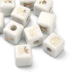 European Porcelain Beads, Cube with Printed Constellations, White, Random Mixed Constellations, 10~10.5x10~10.5x10~10.5mm, Hole: 4mm(PORC-WH0006-01-02)