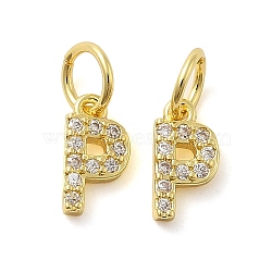Brass Micro Pave Cubic Zirconia Pendants, with Jump Ring, Letter P, 9x4.5x1.5mm, Hole: 3.6mm(KK-M273-02G-P)