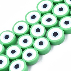 Handmade Polymer Clay Beads Strands, Flat Round with Evil Eye, Light Green, 8~11x4mm, Hole: 1.2mm, about 40pcs/strand, 13.98 inch~ 15.35inch(35.5cm~39cm)(CLAY-S096-041E)