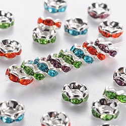 Brass Rhinestone Spacer Beads, Grade A, Mixed Color, Silver Color Plated, Nickel Free, Size: about 6mm in diameter, 3mm thick, hole: 1mm(RSB028NF)