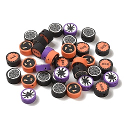 Halloween Theme Pattern Handmade Polymer Clay Beads, Flat Round, Mixed Patterns, 9.5x4.5mm, Hole: 1.6mm(CLAY-C001-13B)