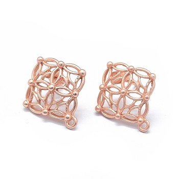 Alloy Stud Earring Findings, with Loop, Brass Pins and Ear Nuts/Earring Backs, Long-Lasting Plated, Rhombus, Matte Rose Gold, 21.5x19mm, Hole: 1.4mm, Pin: 0.7mm