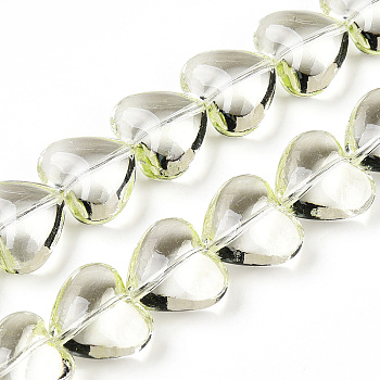 Transparency Glass Beads Strands, Heart, Yellow Green, 12.5x14.5x8mm, Hole: 0.8mm, about 50pcs/strand, 24.61''(62.5cm)