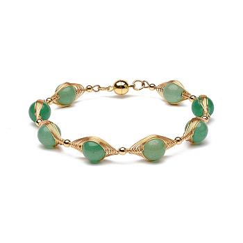 Natural Green Aventurine Beaded Bracelets for Men Women, with Brass & 304 Stainless Steel Finding, Magnetic Clasps, 7-1/2 inch(19cm), Bead: 8.7mm