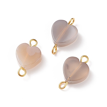 Natural Grey Agate Connector Charms, with Golden Tone Iron Double Loops, Heart, 16.5~17x10.5x5mm, Hole: 1.8mm