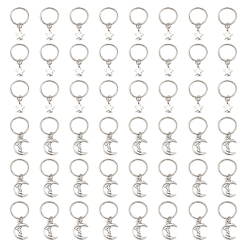 24Pcs 2 Styles Alloy Dreadlocks Beads, Braiding Hair Pendants Decoration Clips, with Iron Jump Rings, Star & Moon, Antique Silver & Platinum, 29~31mm, 12pcs/style