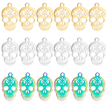 18Pcs 3 Style Ion Plating(IP) 201 Stainless Steel Pendants, Manual Polishing, Sugar Skull, For Mexico Holiday Day of the Dead, Mixed Color, 17~18x10.5x1~1.5mm, Hole: 1.2~1.6mm, 6pcs/style