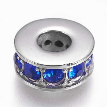 304 Stainless Steel Beads, with Cubic Zirconia, Large Hole Beads, Flat Round, Stainless Steel Color, Blue, 14x6mm, Hole: 5.5~6mm
