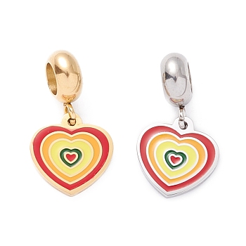 304 Stainless Steel European Dangle Charms, Large Hole Pendants, with Enamel, Golden & Stainless Steel Color, Heart, Red, 21mm, Hole: 4.5mm