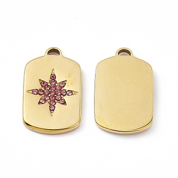 Vacuum Plating 201 Stainless Steel Pendants, with Rhinestone, Real 18K Gold Plated, Oval Rectangle with Star Charms, Rose, 20.5x12.5x2mm, Hole: 1.4mm