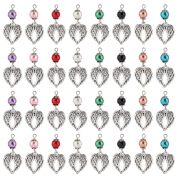 Elite 32Pcs 8 Colors Tibetan Style Alloy Pendants, with ABS Beads, Wing, Mixed Color, 38mm, Hole: 2mm, 4pcs/color