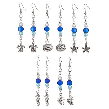 Alloy Dangle Earrings, with ABS Plastic Imitation Pearl Round Beaded, Mixed Shapes, 67~78x9.5~16.5mm