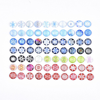 Flatback Glass Cabochons for DIY Projects, Dome/Half Round, Christmas Theme, Snowflake Pattern, Mixed Color, 12x4mm