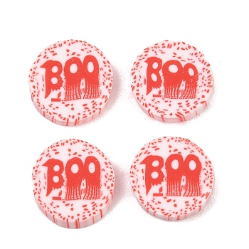Halloween Handmade Polymer Clay Cabochons, Flat Round with BOO Ghost, Red, 9.4~9.7x2~2.5mm, about 2252pcs/500g