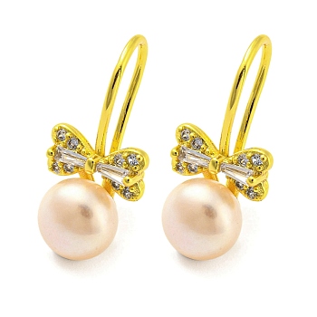 Cubic Zirconia Bowknot Dangle Earrings with Natural Pearl, Brass Earrings, Real 18K Gold Plated, 22x10mm
