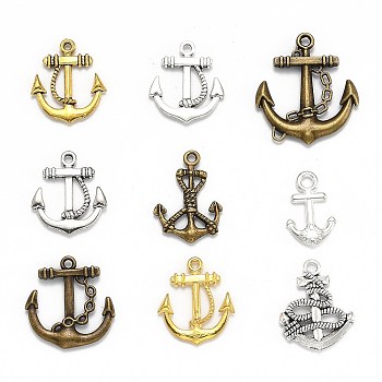 Nautical Theme Tibetan Style Alloy Pendants, Anchor, Mixed Style, Mixed Color, 19~32x13~31x2~4mm, Hole: 2~4mm
