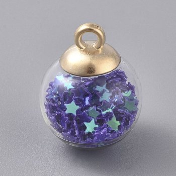 Glass Ball Pendants, with Star Glitter Sequins and Golden Plated CCB Plastic Cup Peg Bails, Round, Blue Violet, 20.5x15mm, Hole: 2.5mm