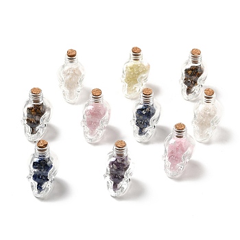 Mixed Gemstones Chips in Skull Glass Bottle Display Decorations, for Witchcraft, 37x27x46.5mm