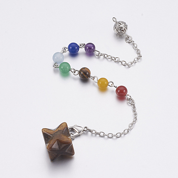 Natural Tiger Eye Dowsing Pendulums, with Mixed Stone and Brass Findings, Chakra, Merkaba Star, Platinum, 205~230mm