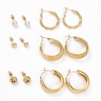 Ring & Heart & Knot & Round Imitation Pearl Stud Earrings, Open Hoop Earrings for Women, Golden, 7.5~33x4~12.5mm, Pin: 0.8mm, 6 pairs/set