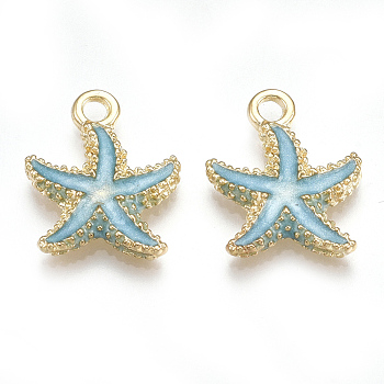 Alloy Enamel Pendants, Starfish/Sea Stars, Light Gold, Sky Blue, 17.5x14.5x2.5mm, Hole: 2mm
