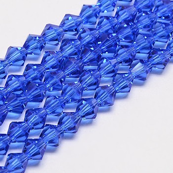 Transparent Glass Beads Strands, Faceted, Bicone, Royal Blue, 4x4mm, Hole: 0.8mm, about 82~85pcs/strand, 12.01~12.2 inch(30.5~31cm)