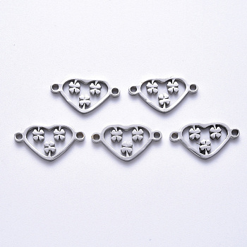 201 Stainless Steel Links Connectors, Laser Cut, Heart with Clover, Stainless Steel Color, 11x20x1.5mm, Hole: 1.6mm